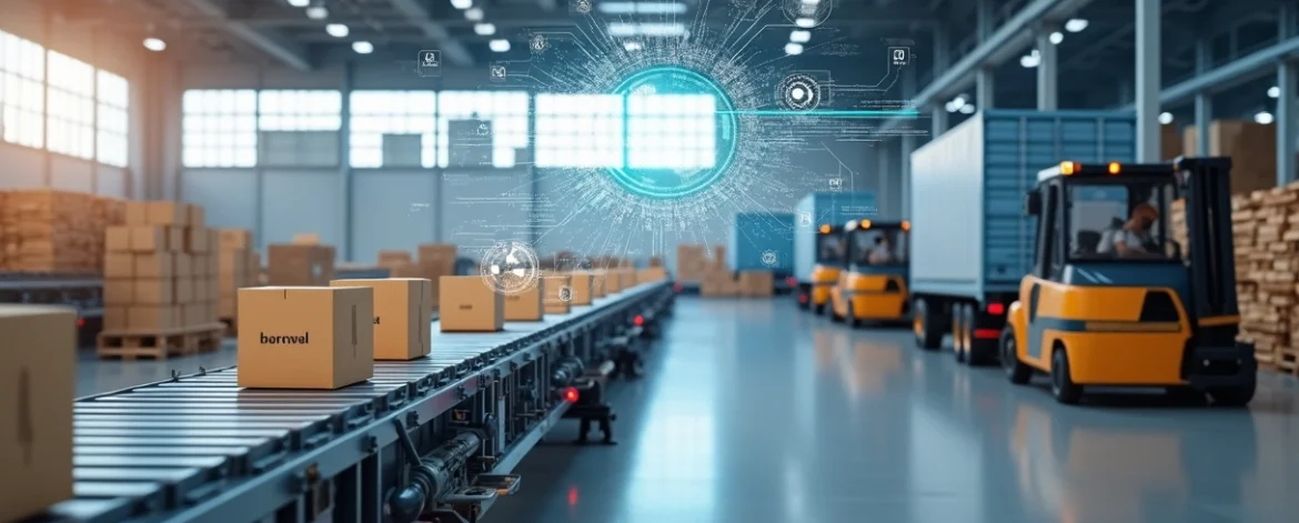 Linha de montagem conectada por esteiras a caminhões e containers em cenário logístico integrado