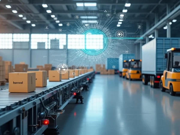 cadeia-suprimentos-conectada-781.webp Linha de montagem conectada por esteiras a caminhões e containers em cenário logístico integrado