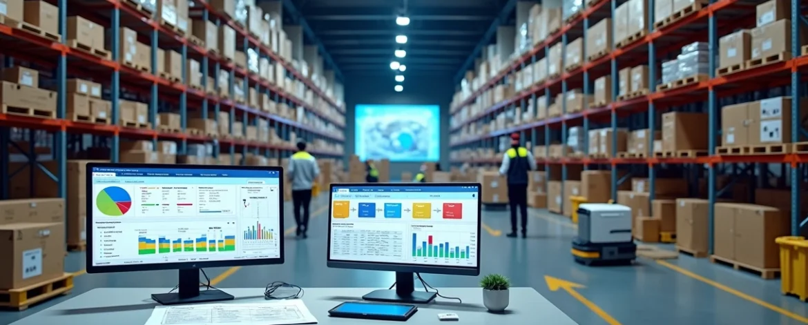 galpao-wms-logistica-inteligente-479.webp Galpão logístico moderno com WMS exibido em telas e corredores de estoque organizados