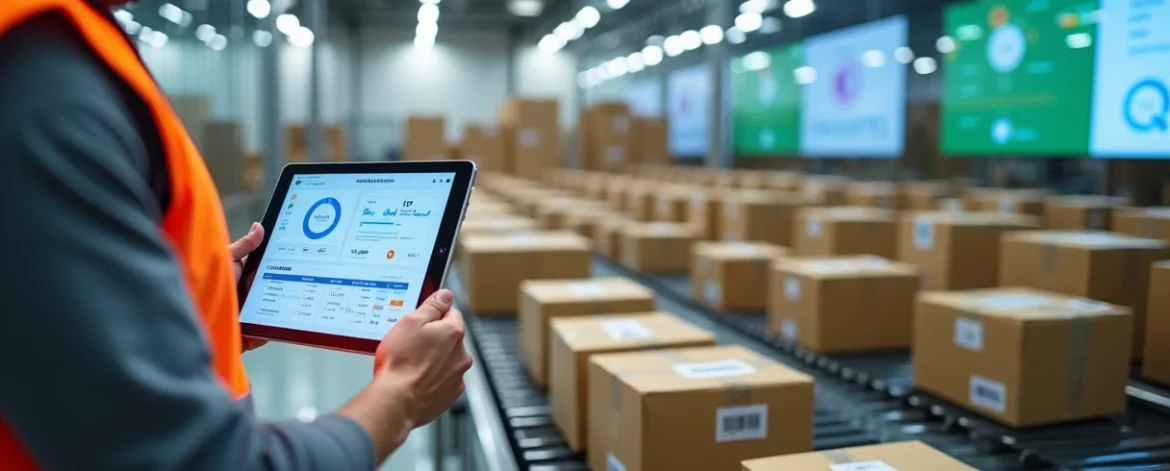 Operador monitora operação de fulfillment com tablet ao lado de esteiras automáticas