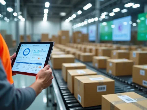Operador monitora operação de fulfillment com tablet ao lado de esteiras automáticas