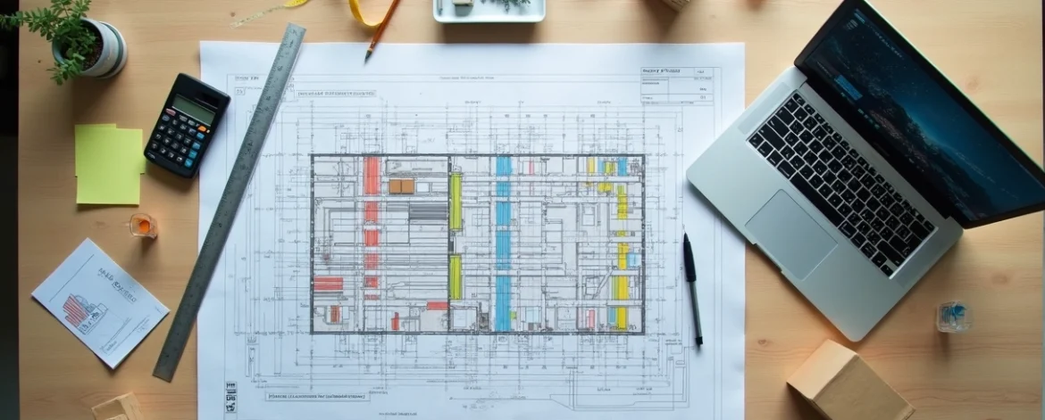Planta baixa com layout de estoque desenhado sobre bancada de madeira