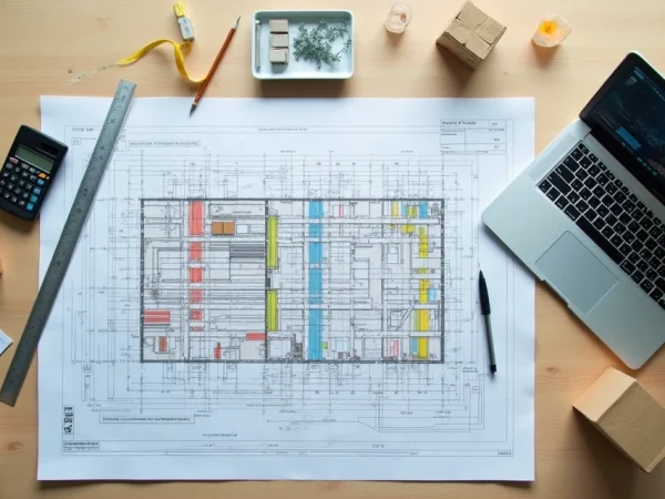 Planta baixa com layout de estoque desenhado sobre bancada de madeira